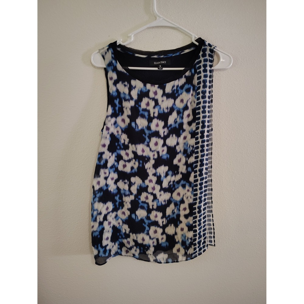 Ellen Tracy Blue White Floral Abstract Sleeveless Blouse Top Medium
